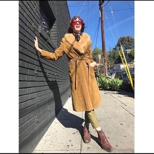 70s suede and shearling tie waist coAt